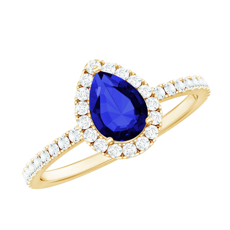 Certified 1.6 Carat Lab Grown Blue Sapphire Teardrop Engagement Ring with Diamond Halo
