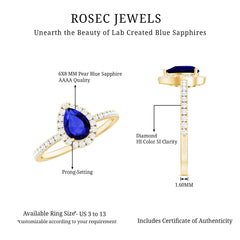 Certified 1.6 Carat Lab Grown Blue Sapphire Teardrop Engagement Ring with Diamond Halo