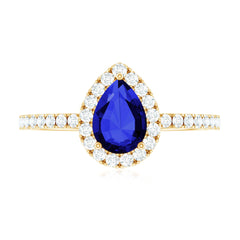 Certified 1.6 Carat Lab Grown Blue Sapphire Teardrop Engagement Ring with Diamond Halo