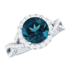 7mm Round London Blue Topaz Crossover Engagement Ring with Diamond Halo