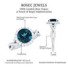 7mm Round London Blue Topaz Crossover Engagement Ring with Diamond Halo