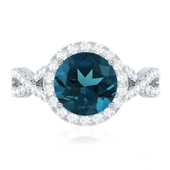 7mm Round London Blue Topaz Crossover Engagement Ring with Diamond Halo