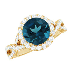 7mm Round London Blue Topaz Crossover Engagement Ring with Diamond Halo