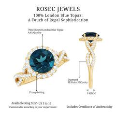 7mm Round London Blue Topaz Crossover Engagement Ring with Diamond Halo