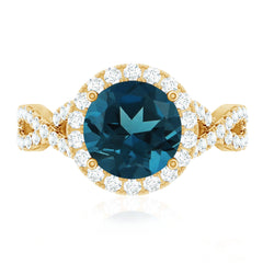 7mm Round London Blue Topaz Crossover Engagement Ring with Diamond Halo