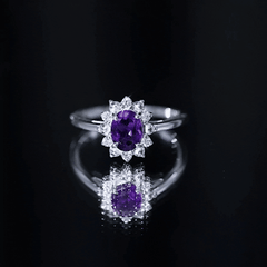 Oval Amethyst Floral Halo Engagement Ring with Diamond