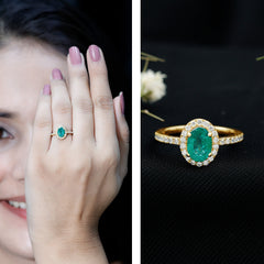 Real 0.7 Carat Oval Emerald Engagement Ring with Diamond Halo