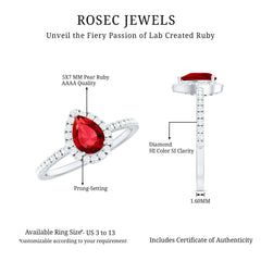 Lab Created Ruby Teardrop Halo Engagement Ring with Diamond