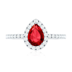 Lab Created Ruby Teardrop Halo Engagement Ring with Diamond