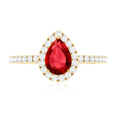 Lab Created Ruby Teardrop Halo Engagement Ring with Diamond