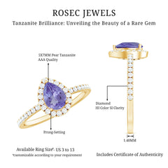 Real Pear Shape Tanzanite Teardrop Engagement Ring with Diamond Halo