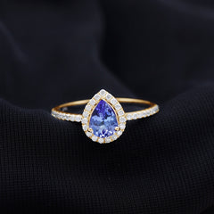 Real Pear Shape Tanzanite Teardrop Engagement Ring with Diamond Halo