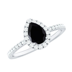 Lab-Created Black Diamond Teardrop Engagement Ring with Diamond Halo