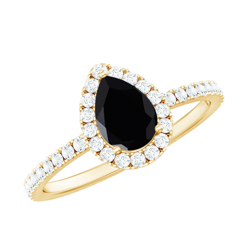 Lab-Created Black Diamond Teardrop Engagement Ring with Diamond Halo