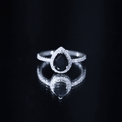 6X8MM Pear Shaped Black Onyx Engagement Ring with Real Diamond Halo