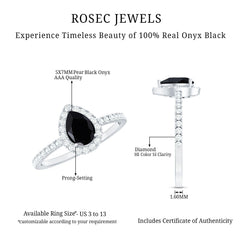 6X8MM Pear Shaped Black Onyx Engagement Ring with Real Diamond Halo