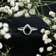 6X8MM Pear Shaped Black Onyx Engagement Ring with Real Diamond Halo