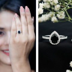 6X8MM Pear Shaped Black Onyx Engagement Ring with Real Diamond Halo