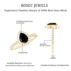 6X8MM Pear Shaped Black Onyx Engagement Ring with Real Diamond Halo
