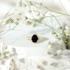 6X8MM Pear Shaped Black Onyx Engagement Ring with Real Diamond Halo
