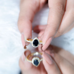 6X8MM Pear Shaped Black Onyx Engagement Ring with Real Diamond Halo