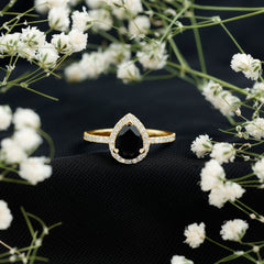 6X8MM Pear Shaped Black Onyx Engagement Ring with Real Diamond Halo