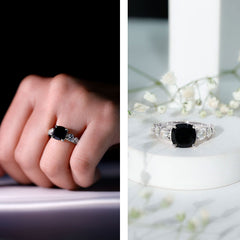 Created Black Diamond Solitaire Engagement Ring with Moissanite Side Stones