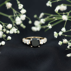 Created Black Diamond Solitaire Engagement Ring with Moissanite Side Stones