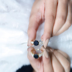 Created Black Diamond Solitaire Engagement Ring with Moissanite Side Stones