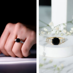 Created Black Diamond Solitaire Engagement Ring with Moissanite Side Stones