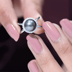 8 Carat Black Pearl Criss Cross Engagement Ring with Diamond Halo