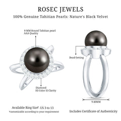 8 Carat Black Pearl Criss Cross Engagement Ring with Diamond Halo