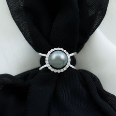 8 Carat Black Pearl Criss Cross Engagement Ring with Diamond Halo