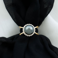 8 Carat Black Pearl Criss Cross Engagement Ring with Diamond Halo