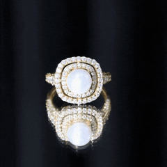 Round Freshwater Pearl and Moissanite Double Halo Engagement Ring