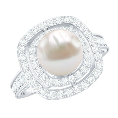 Round Freshwater Pearl and Moissanite Double Halo Engagement Ring
