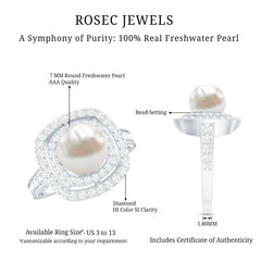 Round Freshwater Pearl and Moissanite Double Halo Engagement Ring