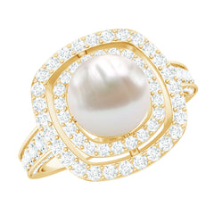 Round Freshwater Pearl and Moissanite Double Halo Engagement Ring