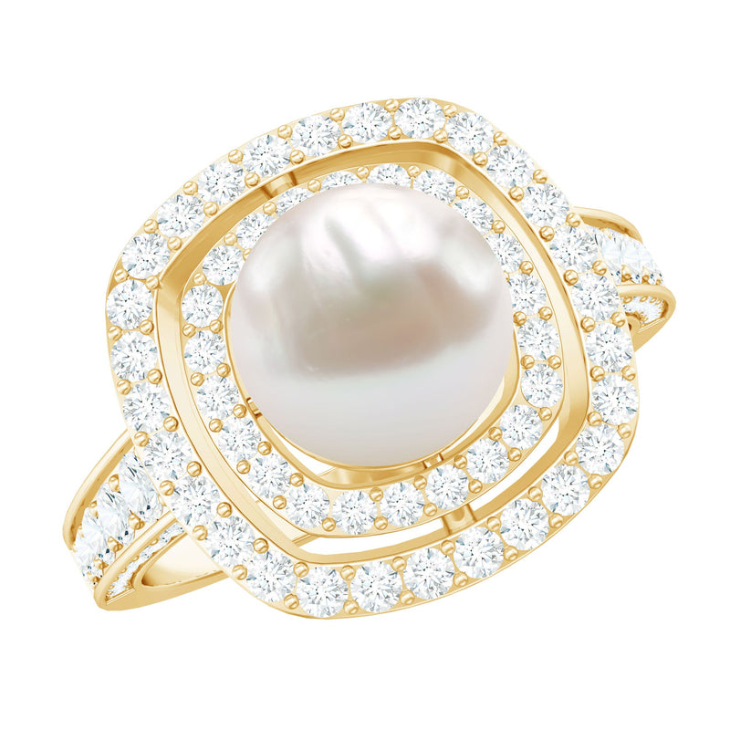 Round Freshwater Pearl and Moissanite Double Halo Engagement Ring
