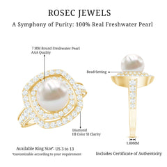 Round Freshwater Pearl and Moissanite Double Halo Engagement Ring