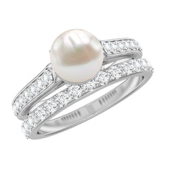 Classic Freshwater Pearl and Moissanite Wedding Ring Set