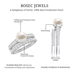 Classic Freshwater Pearl and Moissanite Wedding Ring Set