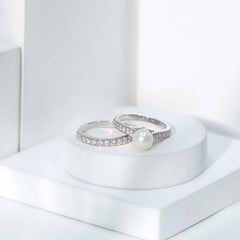 Classic Freshwater Pearl and Moissanite Wedding Ring Set