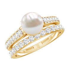 Classic Freshwater Pearl and Moissanite Wedding Ring Set