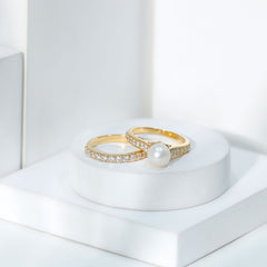 Classic Freshwater Pearl and Moissanite Wedding Ring Set