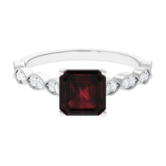 Real 8mm Asscher Cut Garnet Engagement Ring with Diamond