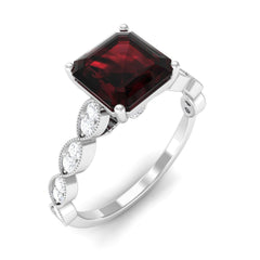 Real 8mm Asscher Cut Garnet Engagement Ring with Diamond