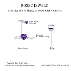 1 CT Heart Shape Amethyst Solitaire Promise Ring with Diamond