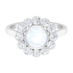 Bezel Set Moonstone Statement Engagement Ring with Diamond Halo