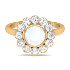 Bezel Set Moonstone Statement Engagement Ring with Diamond Halo